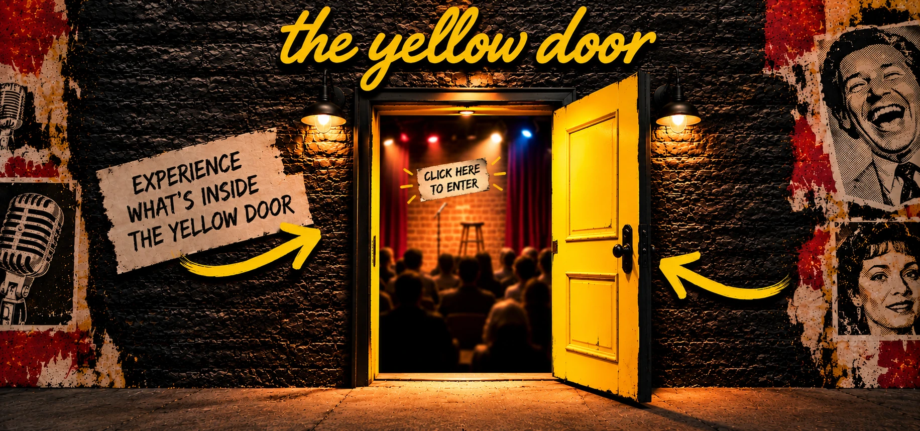 The Yellow Door: an illuminated yellow doorway into a live comedy club, with a click here to enter sign